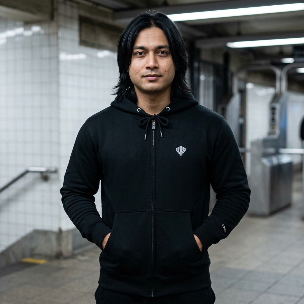 Minimal Diamond Logo Zip Hoodie — Black Lightweight Zip-Up