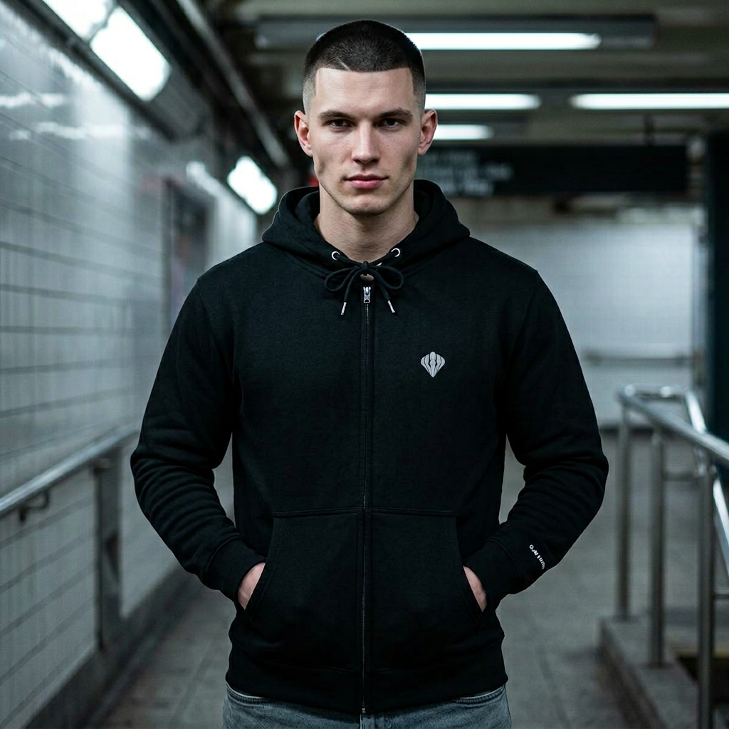 Minimal Diamond Logo Zip Hoodie — Black Lightweight Zip-Up